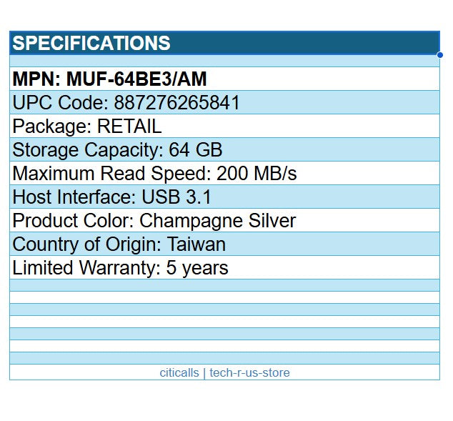 Samsung MUF-64BE3/AM 64GB USB 3.1 Flash Drive Bar Plus Champagne Silver 5-YrWar
