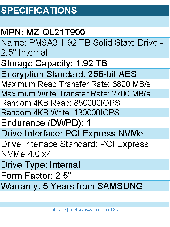 Samsung MZ-QL21T900 PM9A3 1.92 TB Solid State Drive - 2.5" Internal