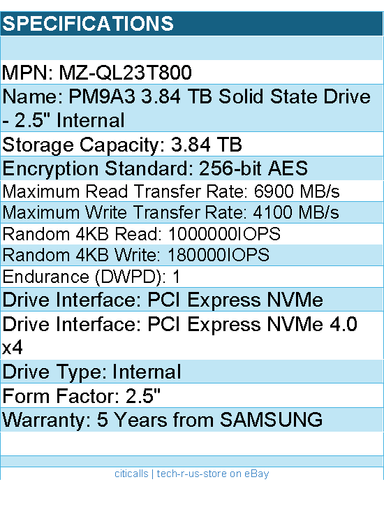 Samsung MZ-QL23T800 PM9A3 3.84 TB Solid State Drive - 2.5" Internal