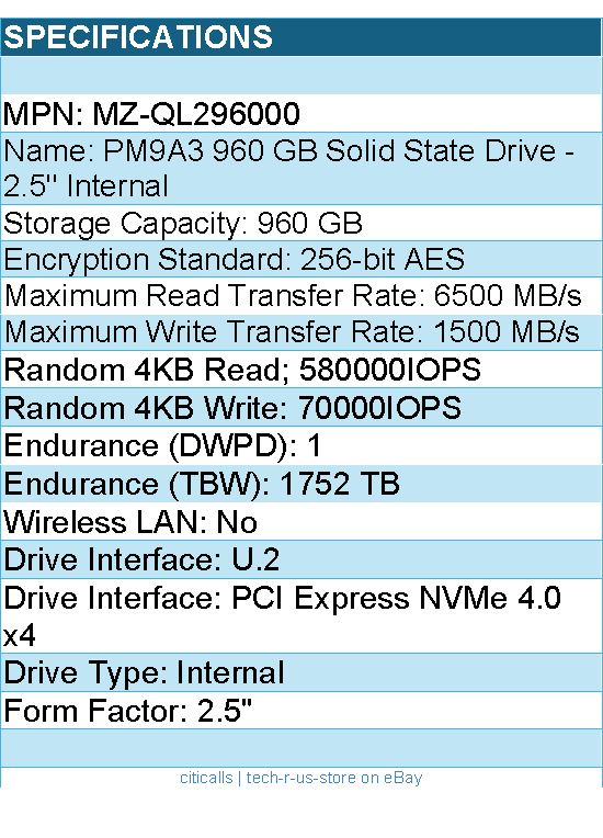 Samsung MZ-QL296000 PM9A3 960 GB Solid State Drive - 2.5" Internal