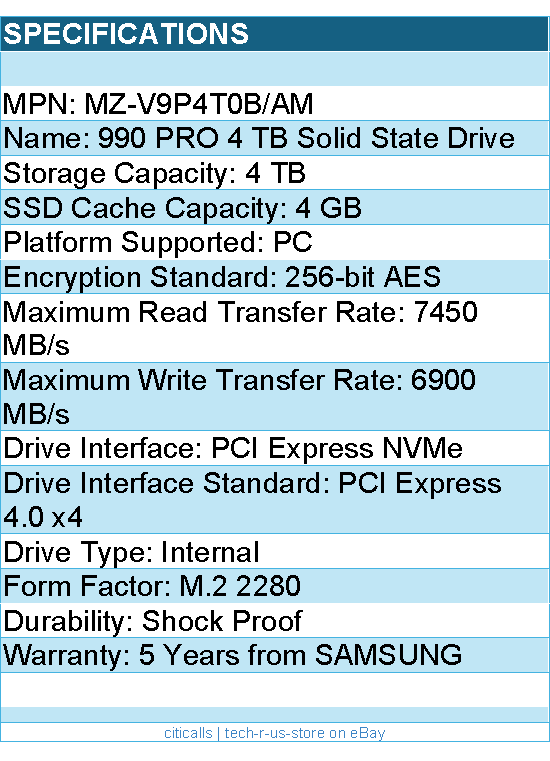 Samsung MZ-V9P4T0B/AM 990 PRO 4 TB Solid State Drive - M.2 2280 Internal