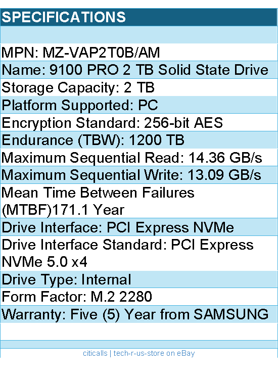 Samsung MZ-VAP2T0B/AM 9100 PRO 2 TB Solid State Drive - M.2 2280 Internal