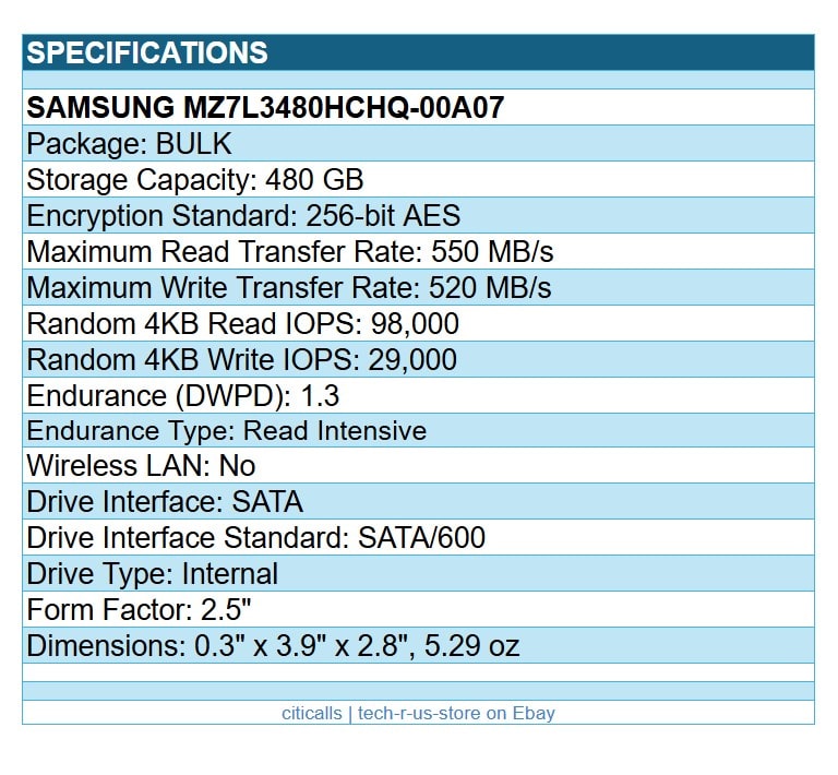 Samsung MZ7L3480HCHQ-00A07 PM893 480GB 2.5" SATA/600 Read Intensive Server SSD