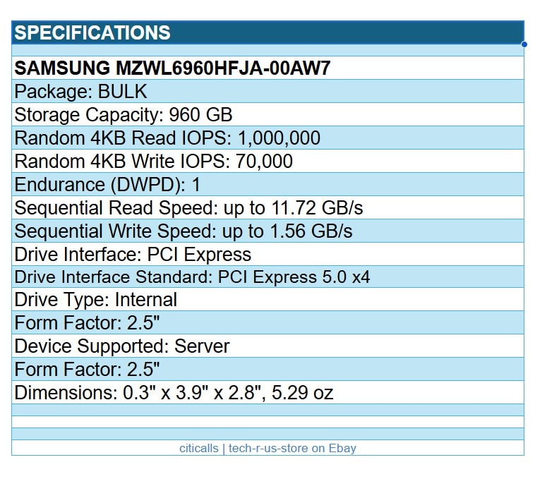 Samsung MZWL6960HFJA-00AW7 PM9D3a 960GB 2.5" PCIe NVMe 5.0x4 SSD Solid State Dr