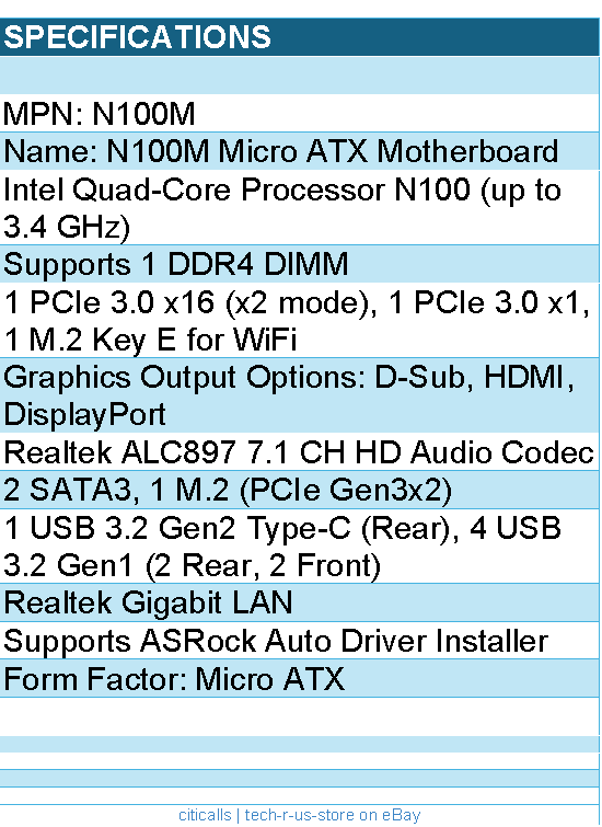 ASRock N100M N100 Max32GB DDR4 Micro ATX Motherboard - Retail
