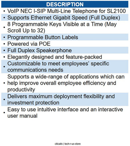 NEC NEC-BE117453 Sl2100 IP Self-Labeling Telephone (BK)