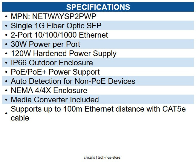 Altronix NETWAYSP2PWP Single 1G Fiber Optic SFP, 2-port 10/100/1000, 30W each