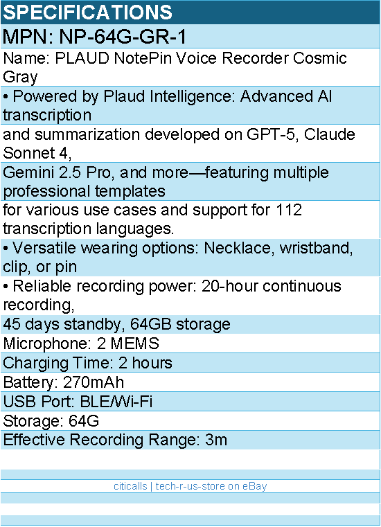 PLAUD NP-64G-GR-1 NotePin Voice Recorder Cosmic Gray Retail