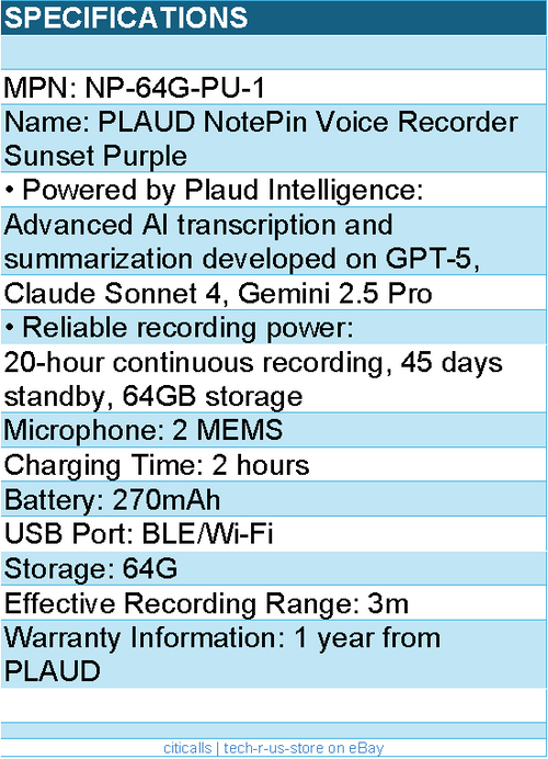 PLAUD NP-64G-PU-1 NotePin Voice Recorder Sunset Purple Retail
