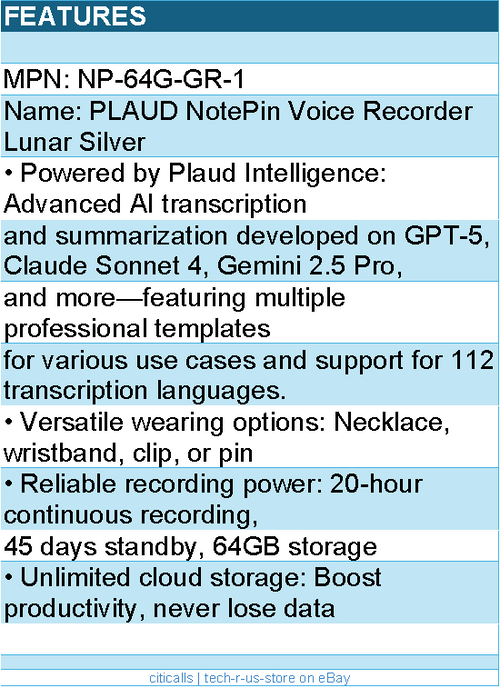 PLAUD NP-64G-SI-1 NotePin Voice Recorder Lunar Silver Retail