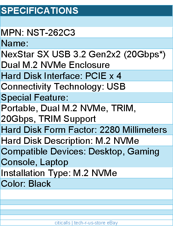 Vantec NST-262C3 NexStar SX USB 3.2 Gen2x2 (20Gbps*) Dual M.2 NVMe Enclosure