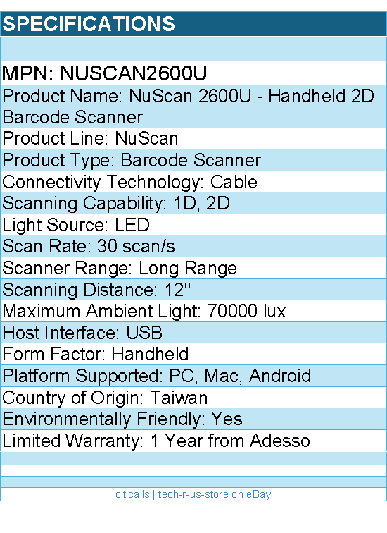 Adesso NUSCAN2600U - Handheld 2D Barcode Scanner - 30 scan/s - 1D, 2D