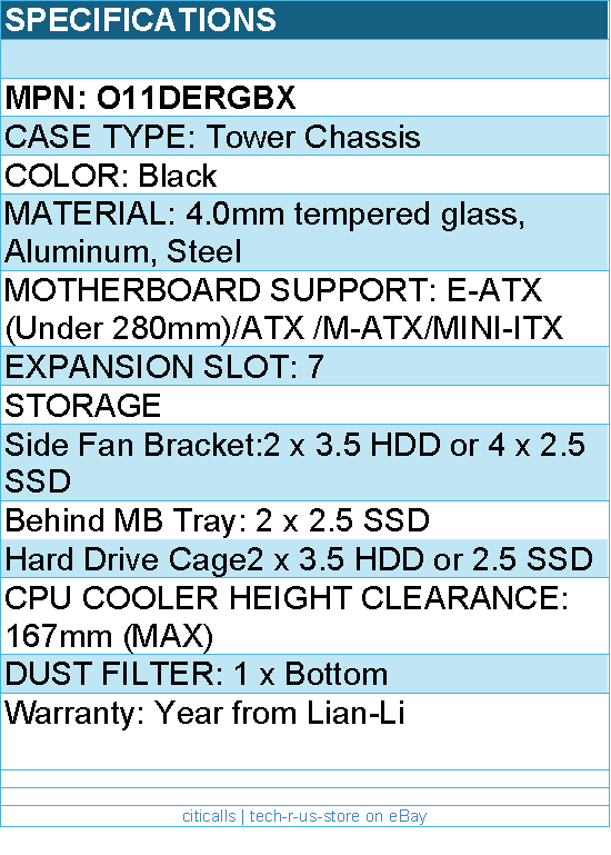Lian-Li O11DERGBX Computer Case - Mid Tower TG 2x3.5HDD or 2.5 SSD Black Retail