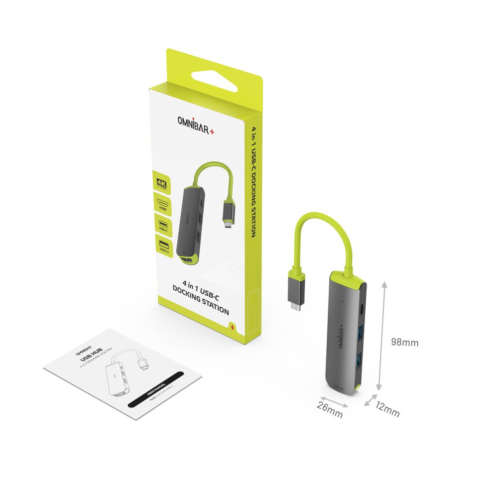OMNIBAR OMN-HUB-4P60B-3 O16-000014 PLUS USB C Hub, 4-in-1 Multiport Adapter