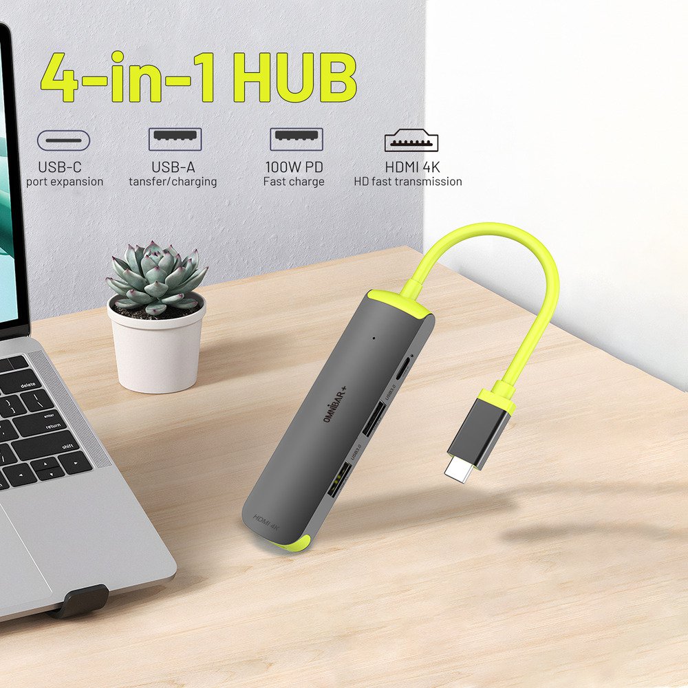 OMNIBAR OMN-HUB-4P60B-3 O16-000014 PLUS USB C Hub, 4-in-1 Multiport Adapter