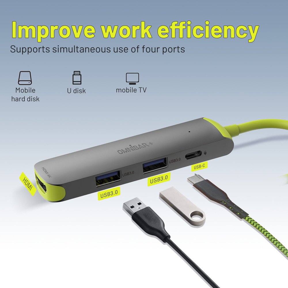 OMNIBAR OMN-HUB-4P60B-3 O16-000014 PLUS USB C Hub, 4-in-1 Multiport Adapter