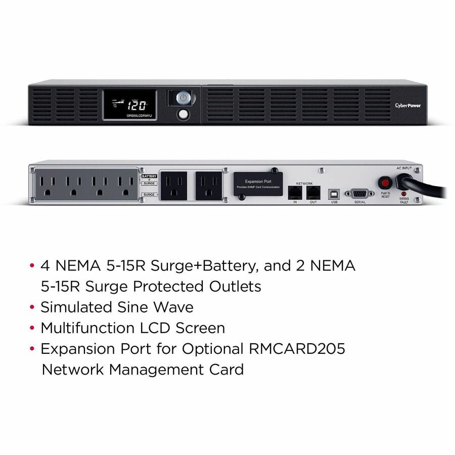 CyberPower OR500LCDRM1U Smart App LCD UPS Systems - 500VA/300W, 120 VAC