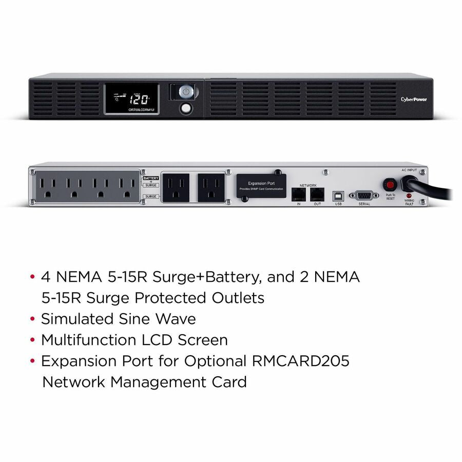 CyberPower OR700LCDRM1U Smart App LCD UPS Systems - 700VA/400W, 120 VAC