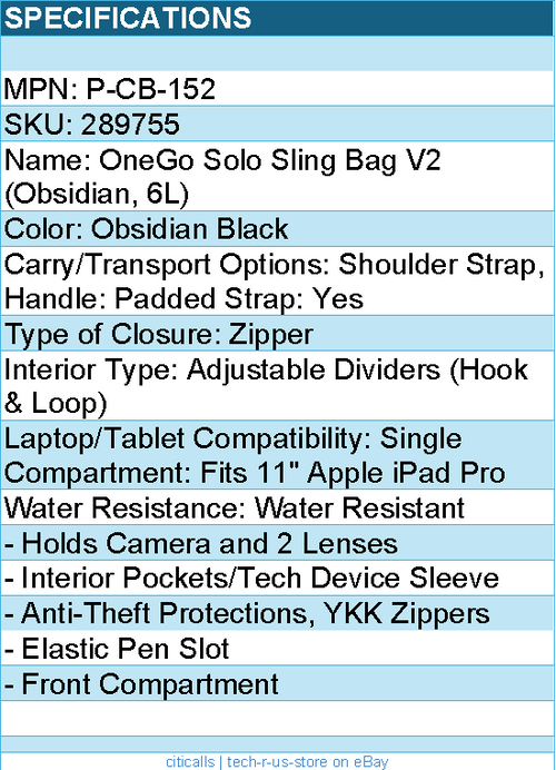 PGYTECH P-CB-152 OneGo Solo Sling Bag V2 (Obsidian, 6L)