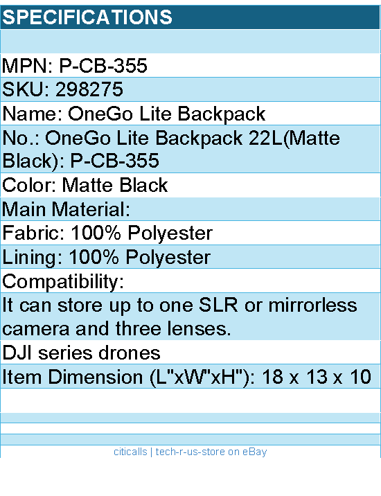 PGYTECH P-CB-355 OneGo Lite Backpack 22L (Matte Black) Retail