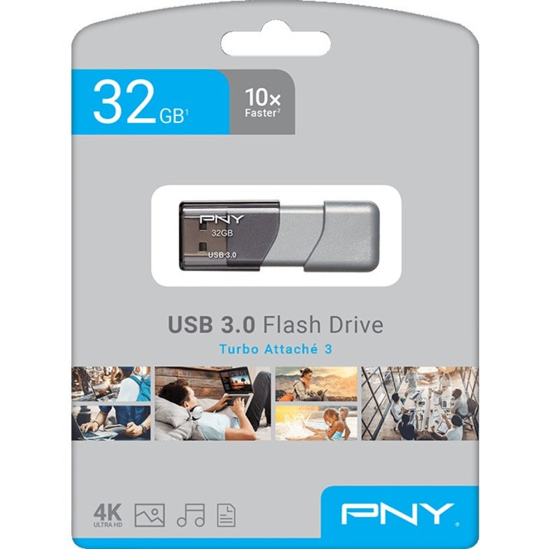 PNY P-FD32GTBOP-GE 32GB USB 3.0 3.1 Type A 90mbs Speed Flash Drive w CAP Silver