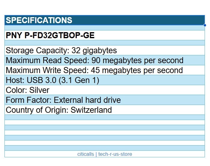 PNY P-FD32GTBOP-GE 32GB USB 3.0 3.1 Type A 90mbs Speed Flash Drive w CAP Silver