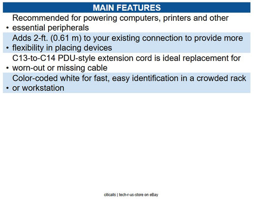 Eaton P004-002-AWH PDU Power Cord, C13 to C14 - 10A, 250V, 18 AWG, 2 ft. 0.61 m