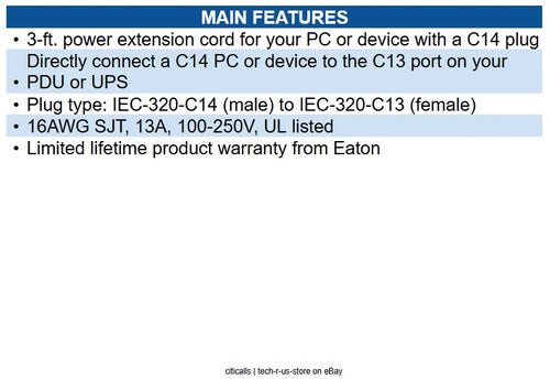 Eaton P004-003-13A PDU Power Cord C13 to C14 - 13A, 250V, 16 AWG, 3 ft. (0.91 m)