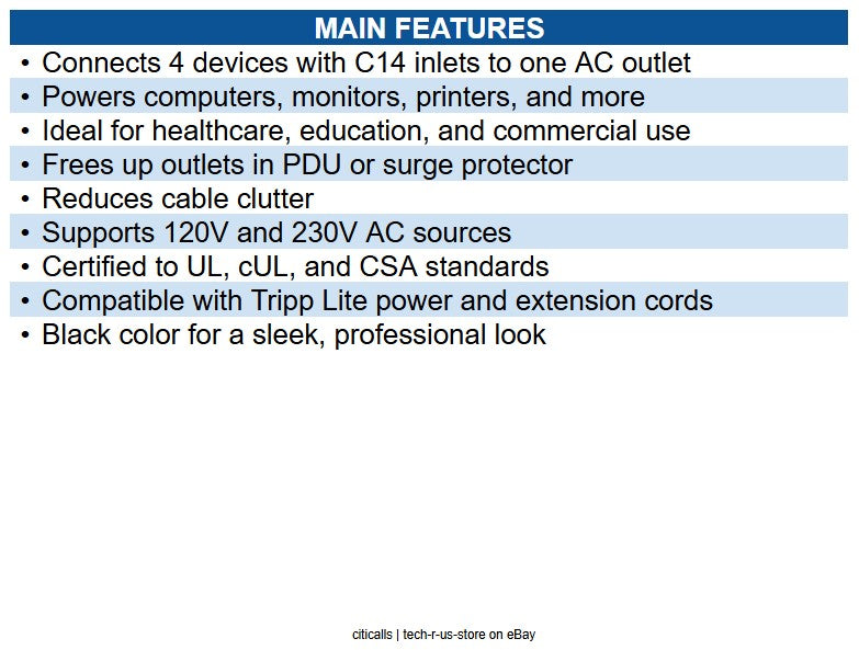 Eaton P004-18N-4XC13 Power Cord Splitter, C14 to (4) C13 PDU Style, 10A, 250V