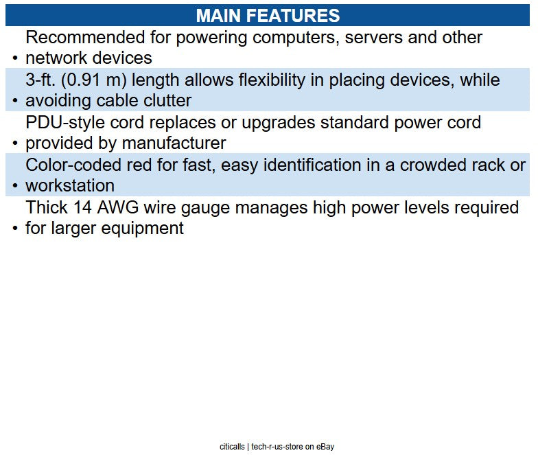 Eaton P005-003-ARD Heavy-Duty PDU Power Cord, C13 to C14 - 15A, 250V, 14 AWG