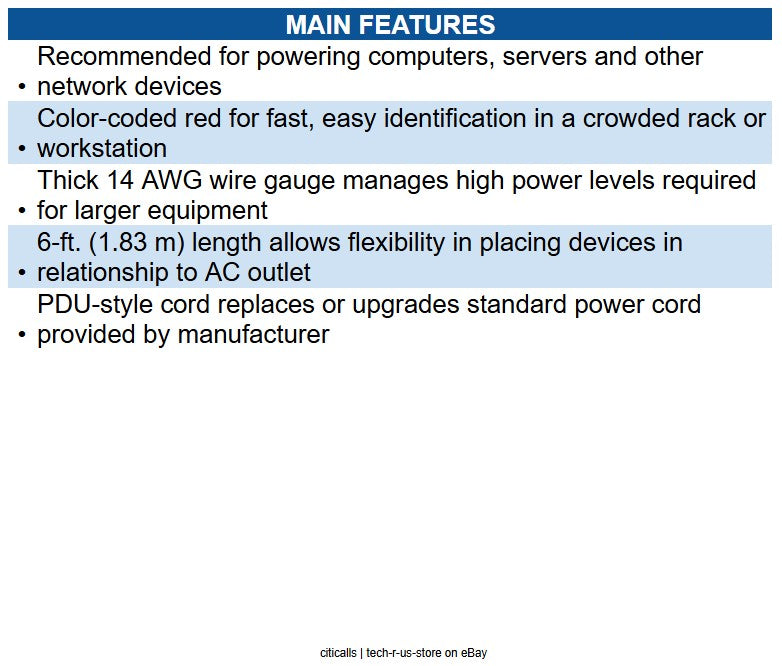 Eaton P005-006-ARD Heavy-Duty PDU Power Cord, C13 to C14 - 15A, 250V, 14 AWG