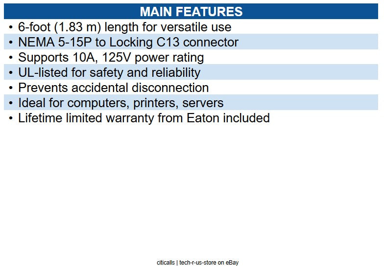 Eaton P006-L06 Computer Power Cord NEMA 5-15P to Locking C13 - 10A, 125V, 18 AWG
