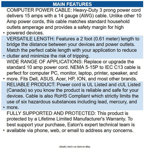 Eaton P007-002 Computer Power Cord, NEMA 5-15P to C13 - Heavy-Duty, 15A, 125V
