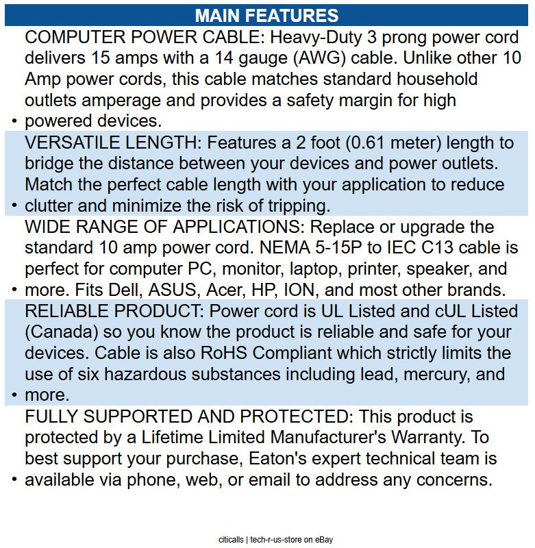 Eaton P007-002 Computer Power Cord, NEMA 5-15P to C13 - Heavy-Duty, 15A, 125V