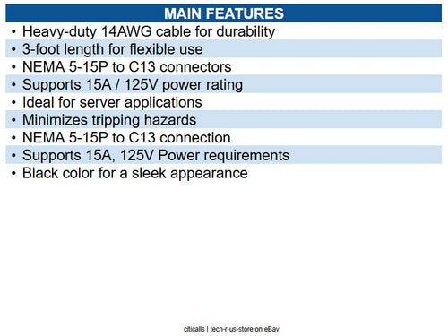Eaton P007-003 Computer Power Cord, NEMA 5-15P to C13 Heavy-Duty, 15A, 125V