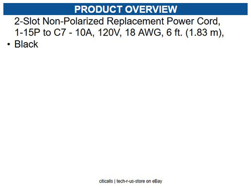 Eaton P012-006 2-Slot Non-Polarized Replacement Power Cord, 1-15P to C7 - 10A