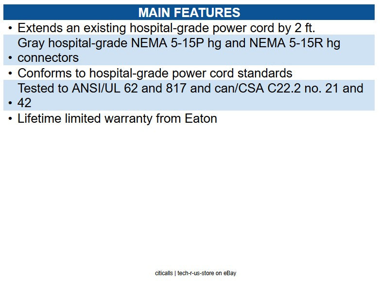 Eaton P022-002-GY-HG Hospital-Grade Extension Cord, NEMA 5-15P to NEMA 5-15R