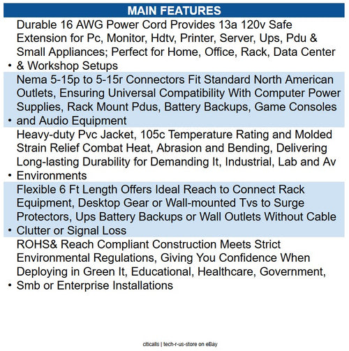 Eaton P022-006-13A Power Extension Cord, NEMA 5-15P to NEMA 5-15R - 13A, 120V