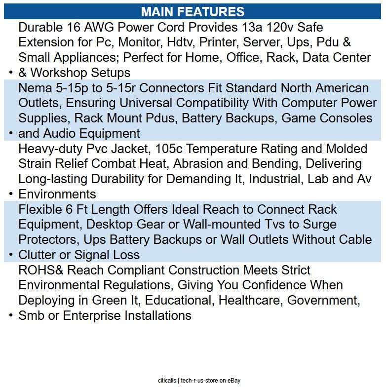 Eaton P022-006-13A Power Extension Cord, NEMA 5-15P to NEMA 5-15R - 13A, 120V