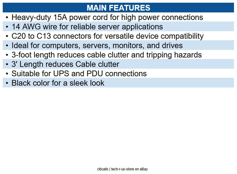 Eaton P032-003 3ft C20 to C13 Power Cord for Computer Heavy-Duty, 15A, 100-250V