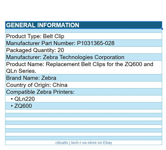 Zebra P1031365-028 20/Pk Belt Clips for ZQ600 ZQ600+ QLn220 QLn320 QL420 Black