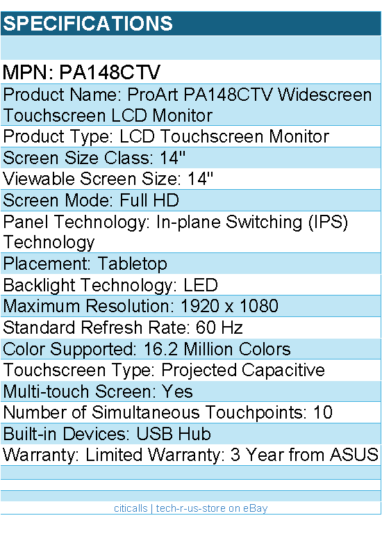 ASUS PA148CTV  ProArt 14" Class LCD Touchscreen Monitor - 16:9 - 5 ms - Full HD