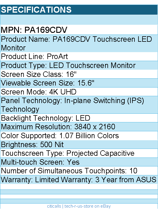 ASUS PA169CDV ProArt 16" Class LED Touchscreen Monitor - 16:9 - 10 ms