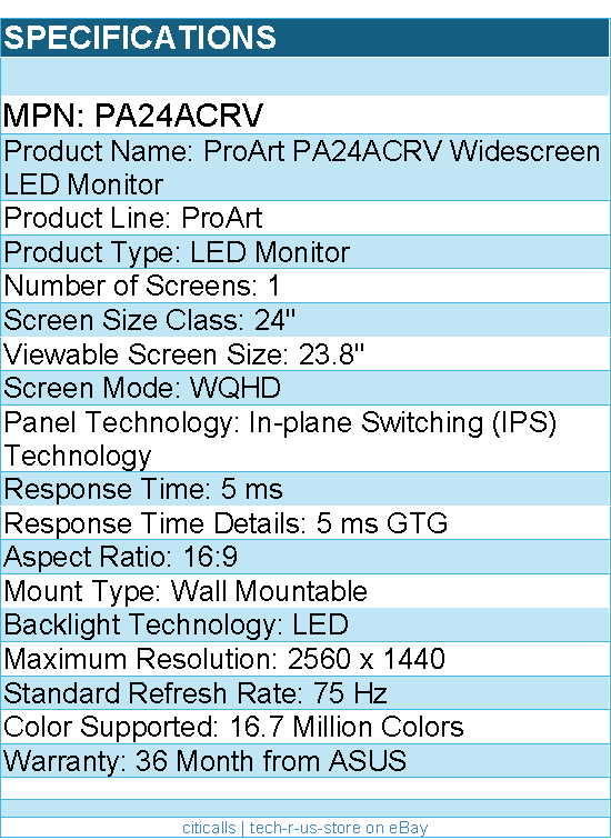 ASUS PA24ACRV ProArt 24" Class WQHD LED Monitor - 16:9 - 2560 x 1440