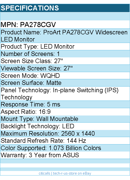 ASUS PA278CGV ProArt 27" Class WQHD LED Monitor - 16:9 - 2560 x 1440