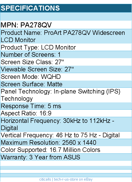 ASUS PA278QV ProArt 27" Class WQHD LCD Monitor - 16:9 - Black