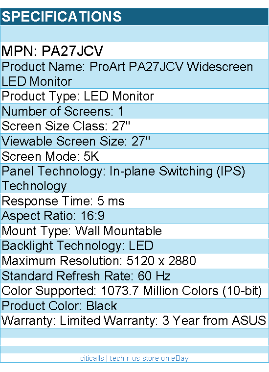 ASUS PA27JCV ProArt 27" Class 5K LED Monitor - 16:9 - 5120 x 2880 - Black