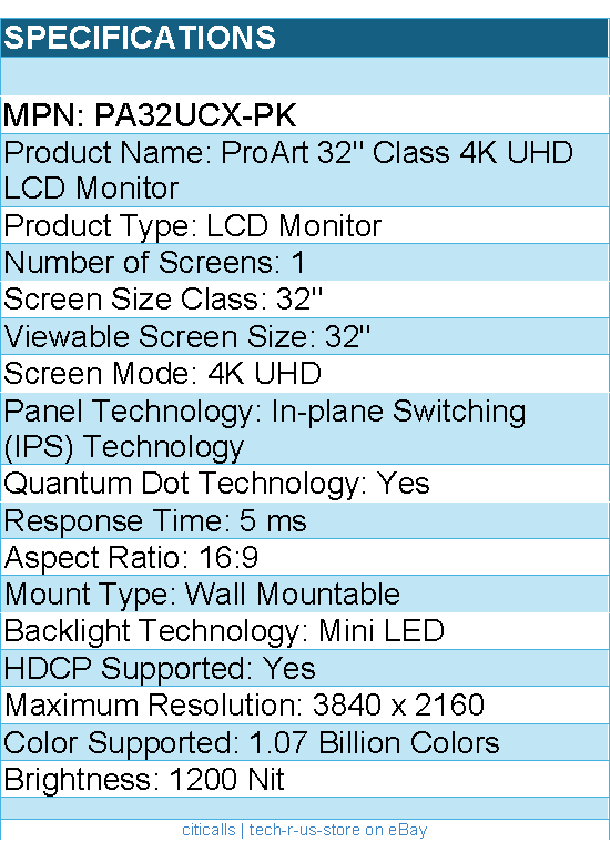 ASUS PA32UCX-PK ProArt 32" Class 4K UHD LCD Monitor - 16:9 - Black