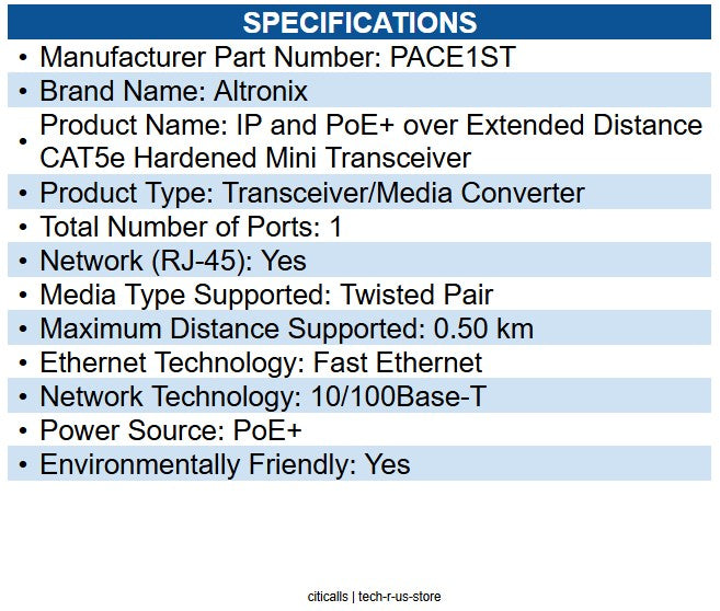 Altronix PACE1ST Long Range Ethernet Single Port Small Transceiver, 100Mbps