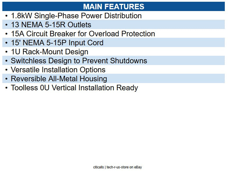 Eaton PDU1215 1.8kW 120V Single Phase Basic PDU,13 NEMA 5-15R Outlets NEMA 5-15R
